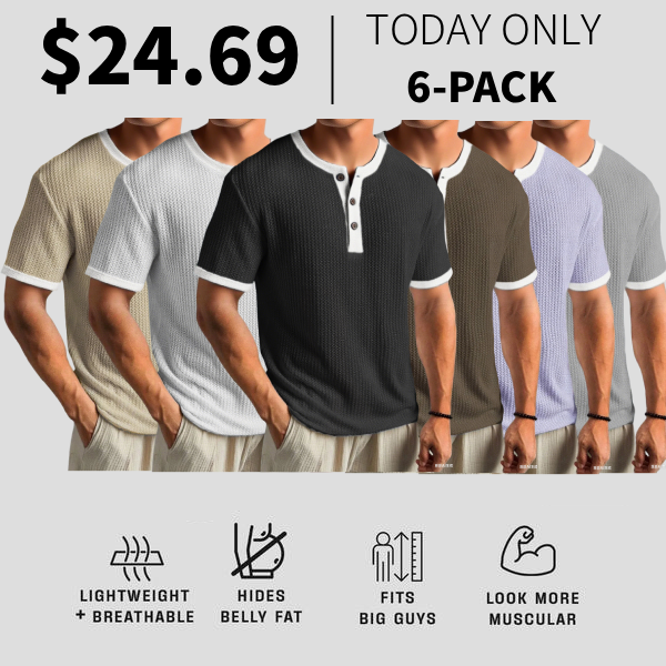Men's Waffle Color-Block Urban Casual Daily Short-Sleeve Henley Shirt Top