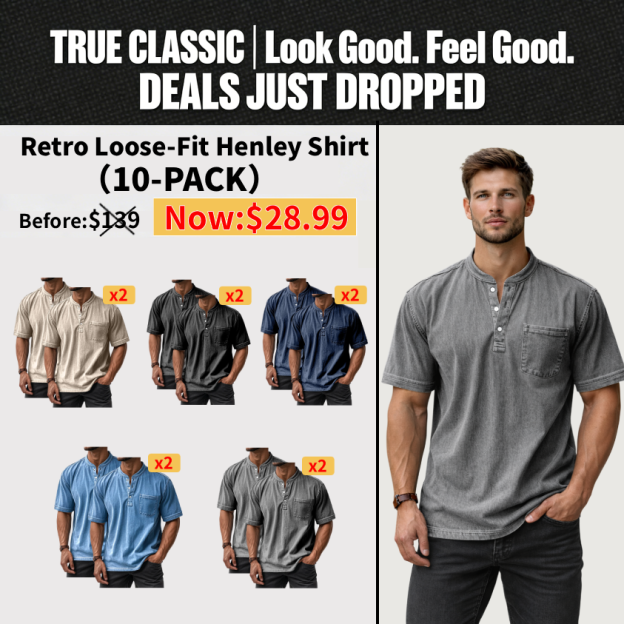  Men's Casual Solid Color Vintage Loose Pocket Short Sleeve Button-down Henley Shirt