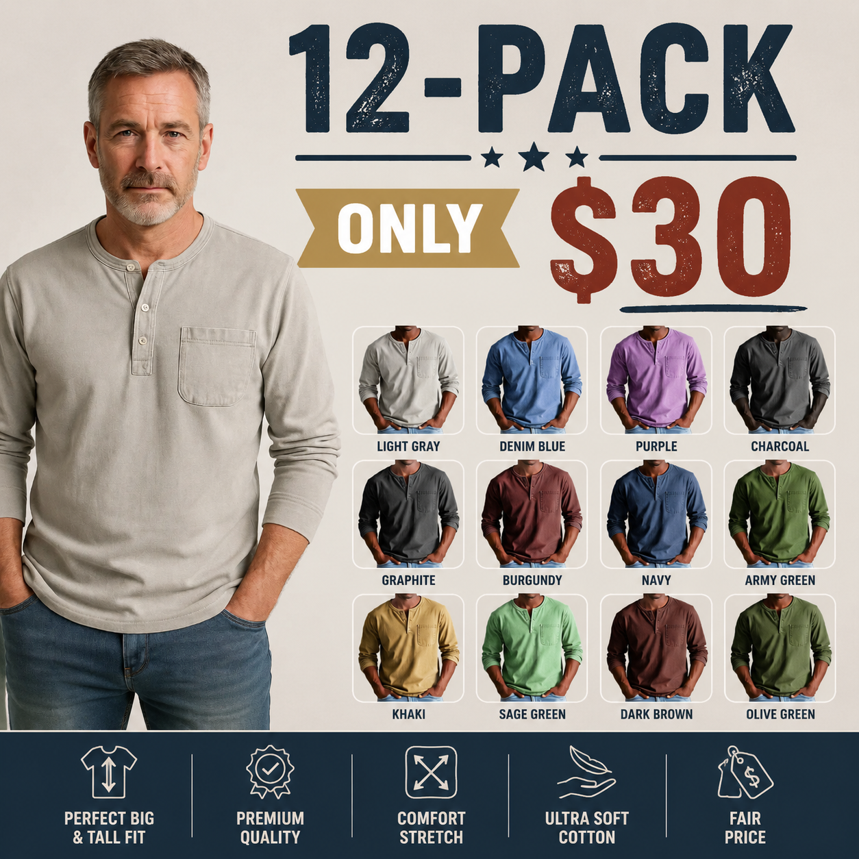 💫Clearance Sale🔥 - Men's Fashion Vintage Distressed Pocket Long Sleeve Henley Shirt