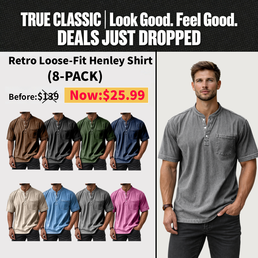  Men's Casual Solid Color Vintage Loose Pocket Short Sleeve Button-down Henley Shirt