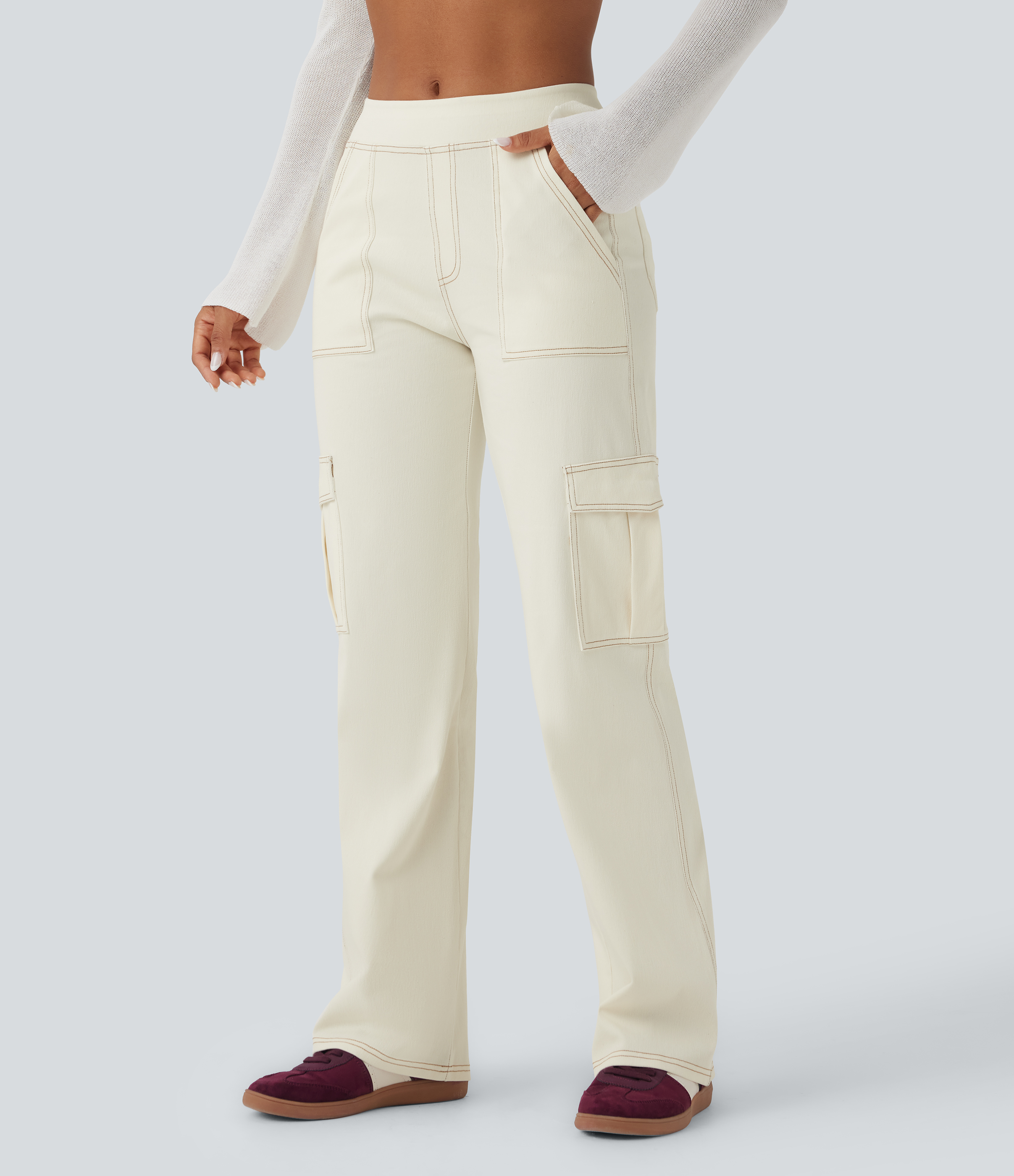 Mid Rise Pockets Straight Leg Casual Cargo Jeans