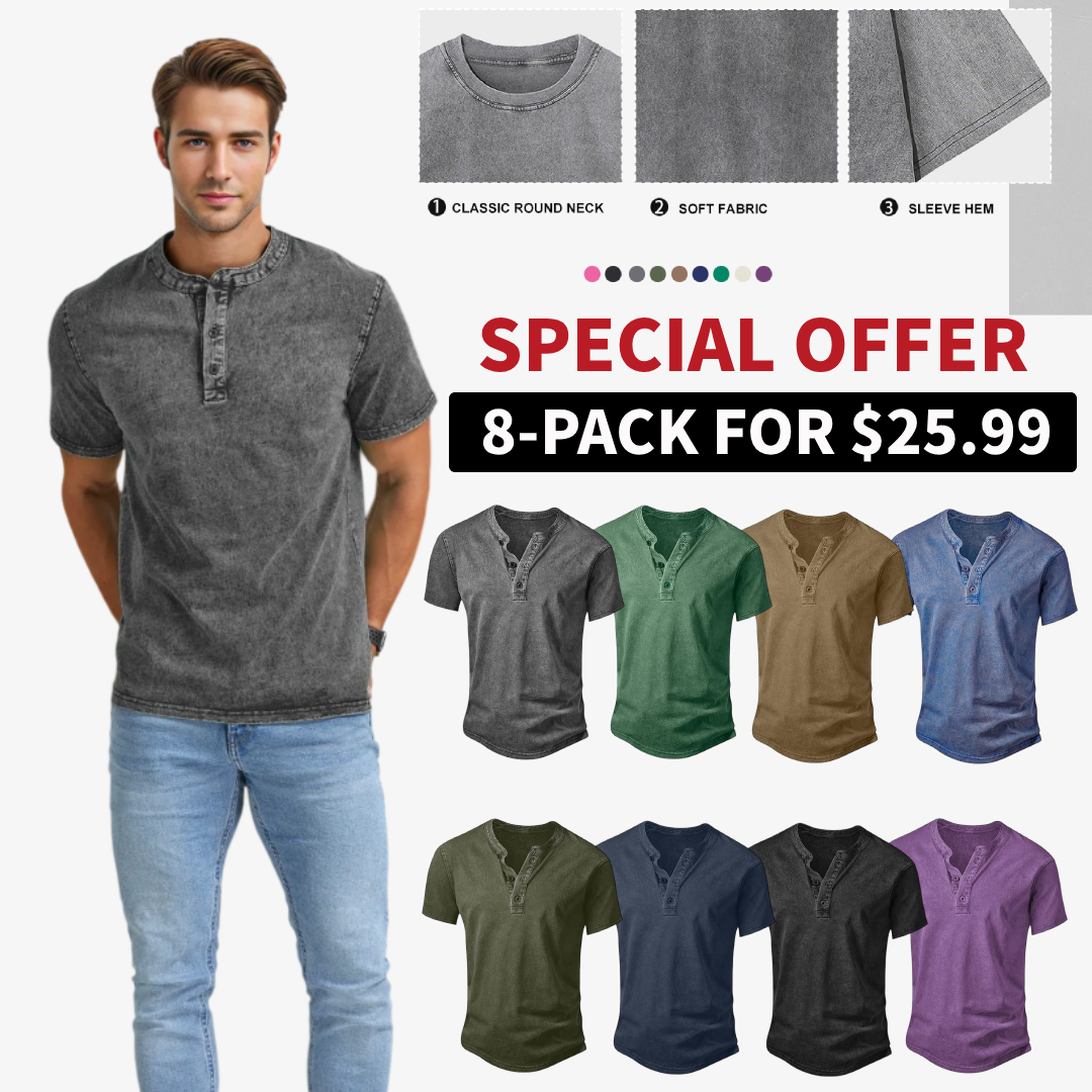 Men’s Vintage Acid-Wash Henley T-Shirt – 100% Cotton