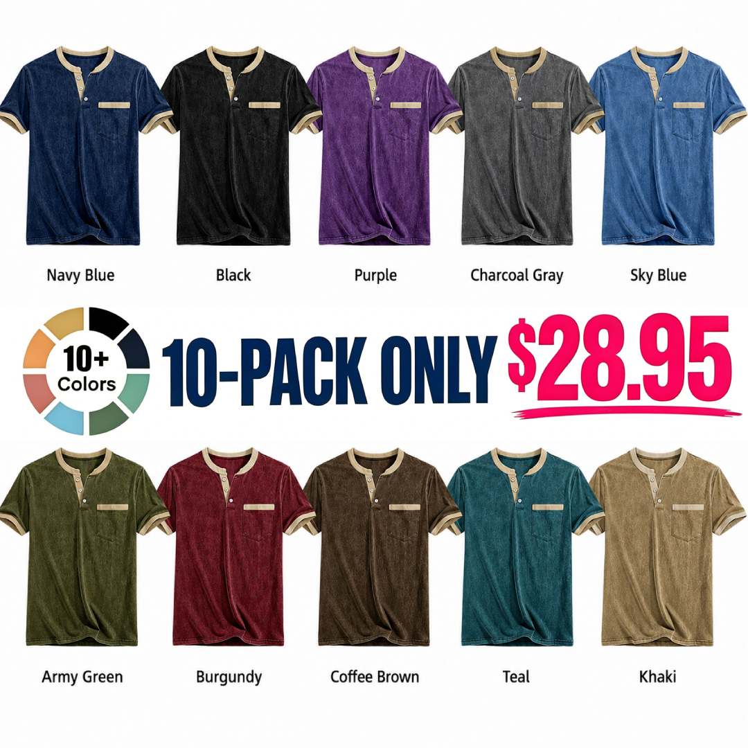 Men's Retro Color-Block Casual Short-Sleeve Henley T-Shirt