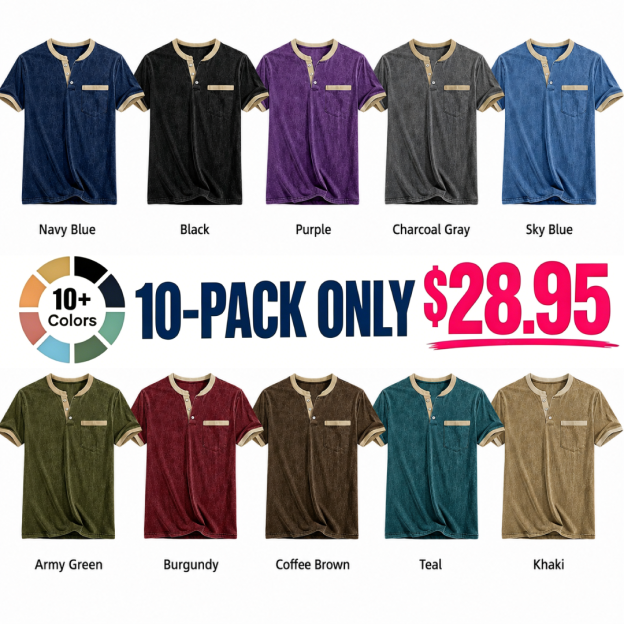 Men's Retro Color-Block Casual Short-Sleeve Henley T-Shirt