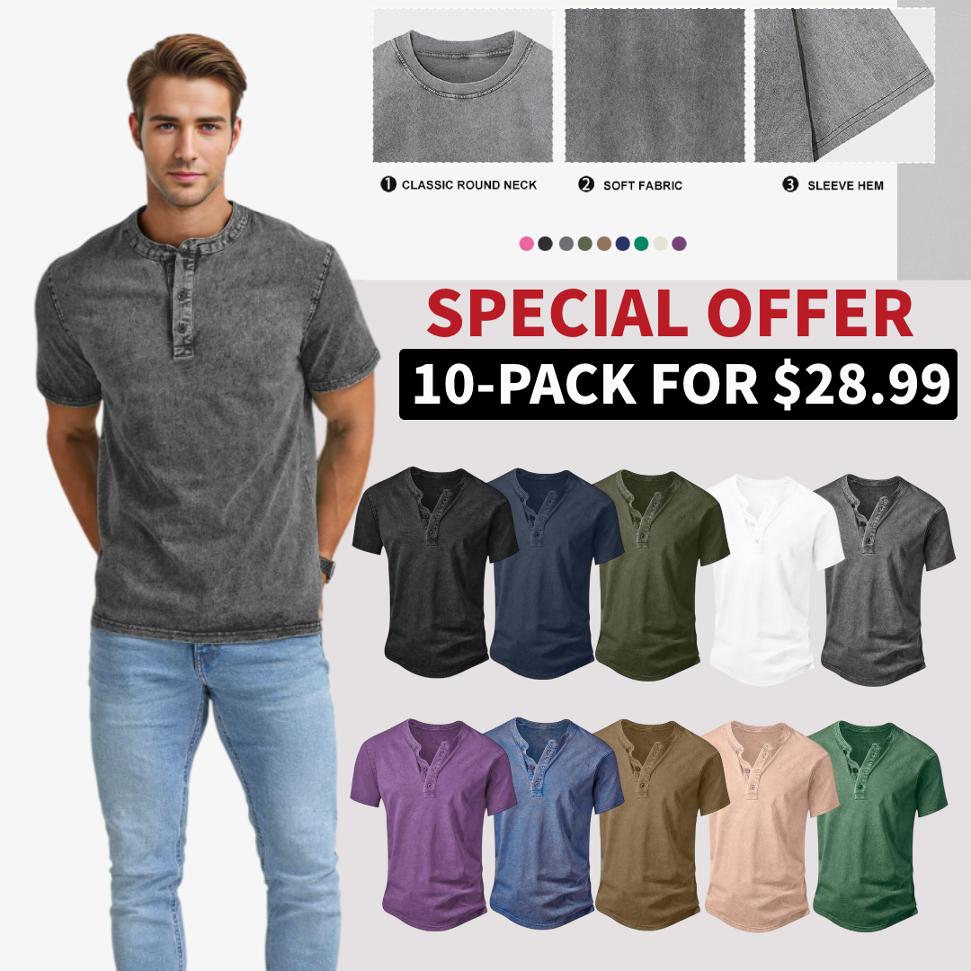Men’s Vintage Acid-Wash Henley T-Shirt – 100% Cotton