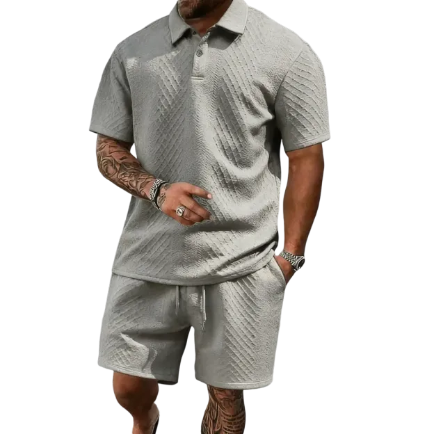 Men's summer casual texture fabric solid color polo shirt T-shirt shorts 2-piece set