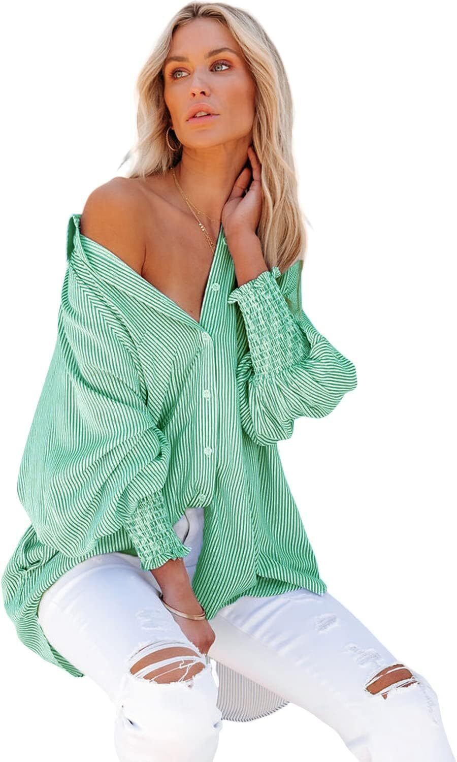 Women's Smocked Cuffed Striped Boyfriend Shirt with Pocket Casual Collar Long Sleeve Blouse Tops for Pocket Shirred