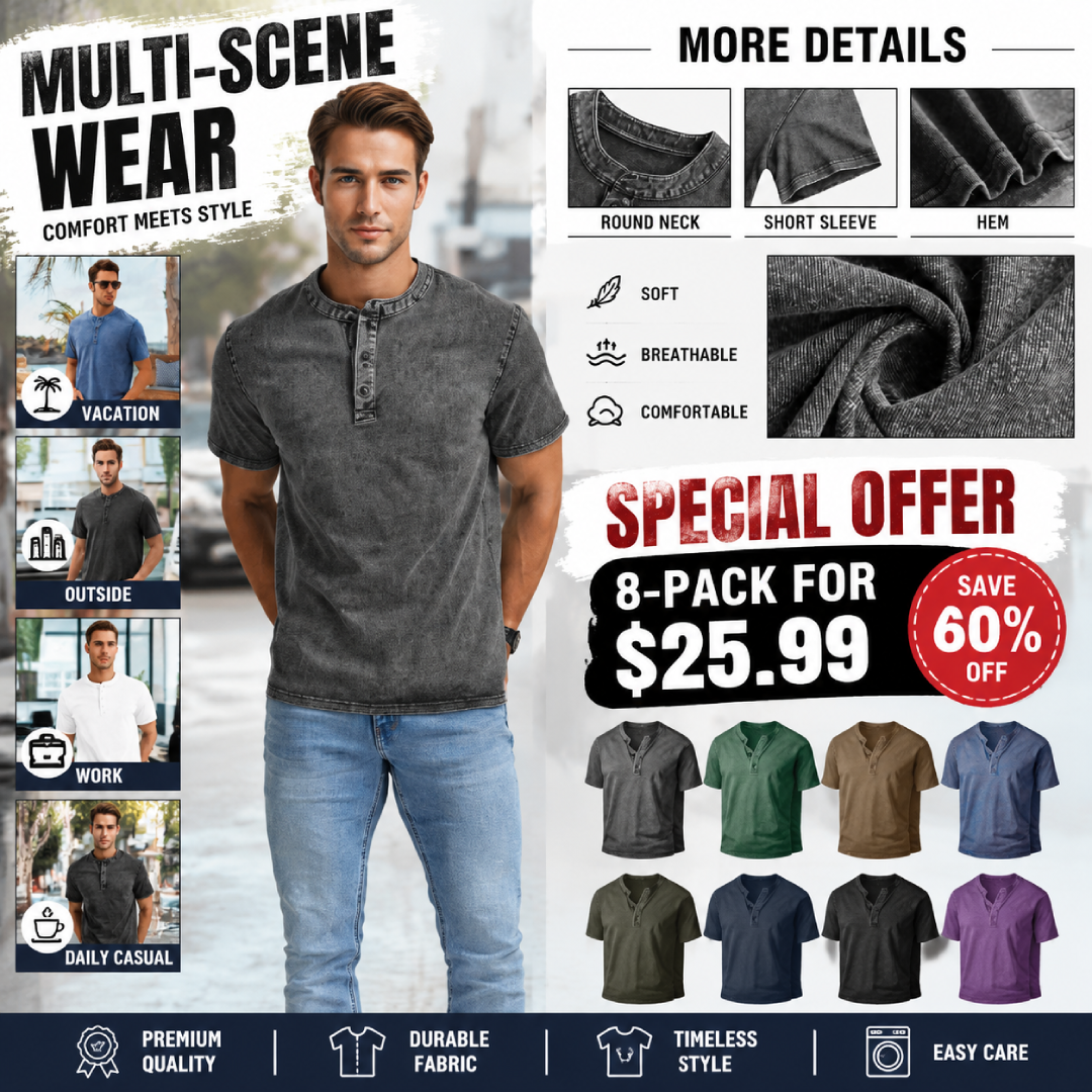 Men’s Vintage Acid-Wash Henley T-Shirt