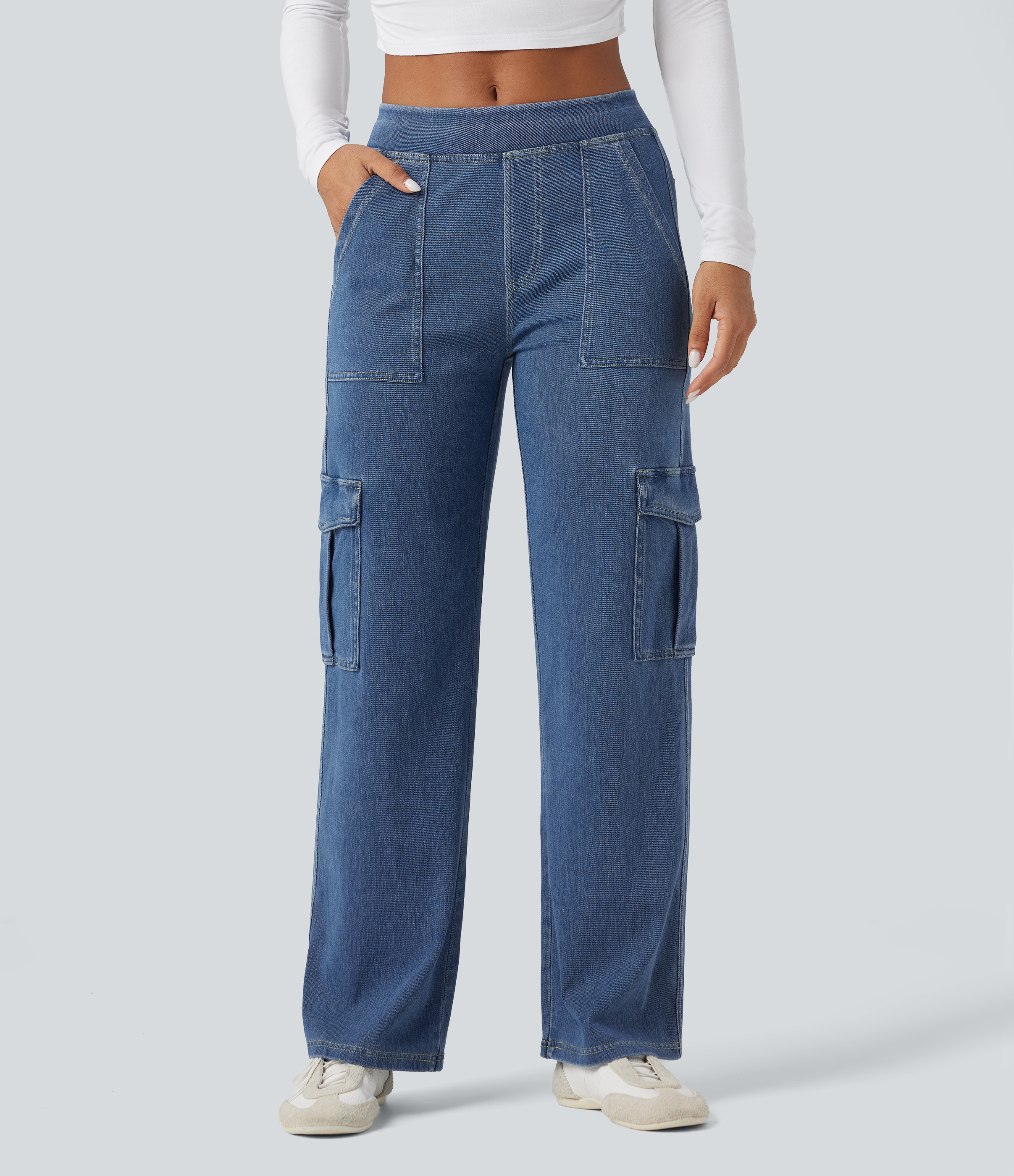 Mid Rise Pockets Straight Leg Casual Cargo Jeans