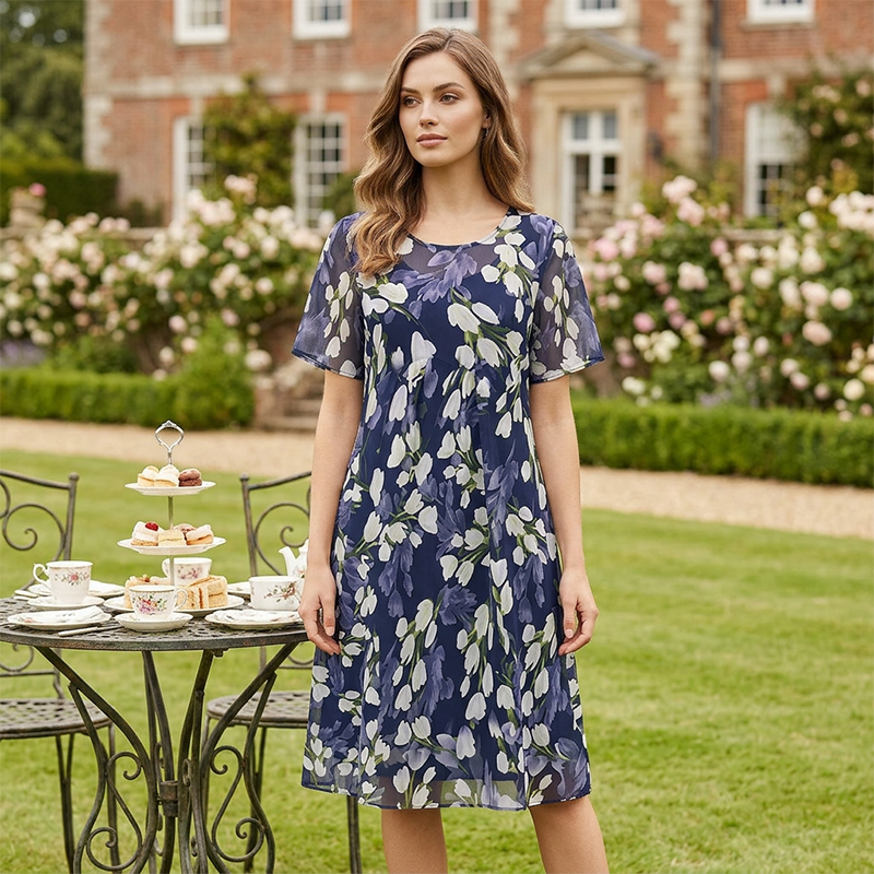 💎 90% OFF! 💎 Short-Sleeved A-Line Evening Dress – Elegant Floral Print, Double-Layer Chiffon & Flattering Knee-Length Cut 👗💙