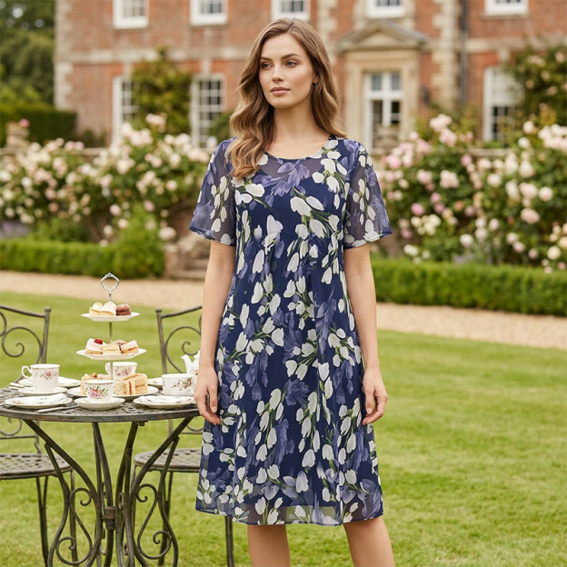 💎 90% OFF! 💎 Short-Sleeved A-Line Evening Dress – Elegant Floral Print, Double-Layer Chiffon & Flattering Knee-Length Cut 👗💙