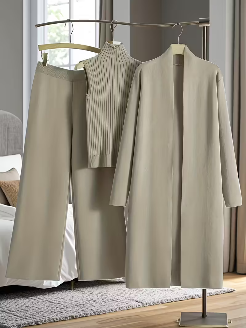 New Autumn And Winter Women'S Loose Set, Including Long Wide-leg Pants, A Shawl Cardigan, And A High-neck Vest Sweater, A Fashionable Three-piece Set.