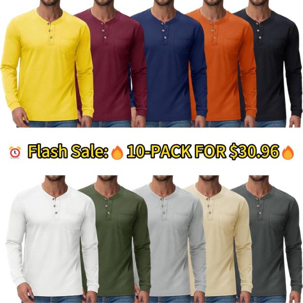💫Clearance Sale-🔥12 PAIRS-$32.86⚡Men's Henley Collar Long Sleeve Cotton Pocket T-Shirt
