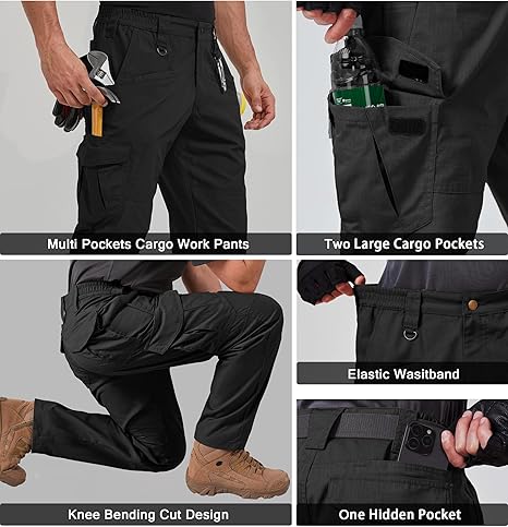 Men's Tactical Pants 9 Pockets Ripstop Water Repellent Cargo Pants Plain Casual Fitted Trousers Menswear for Work Hiking Hunting FallFreshness Outdoorfun