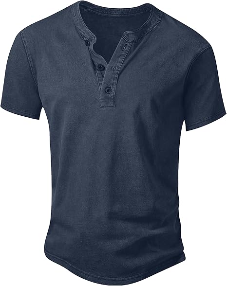 Men’s Vintage Acid-Wash Henley T-Shirt – 100% Cotton