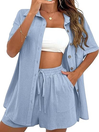 Women Summer Cotton Linen Short Sets 2 Piece Shorts Top Lounge Beach Vacation Two Piece Outfits Tracksuits