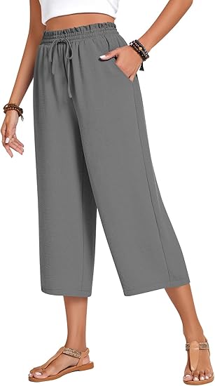 Women’s high-waisted wide-leg casual cropped pants with adjustable drawstring and pockets