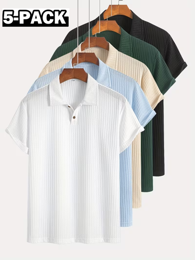 5-Piece Summer Casual Athletic Jacquard Knit Short-Sleeve Polo Shirt Set (Includes 5 Items)