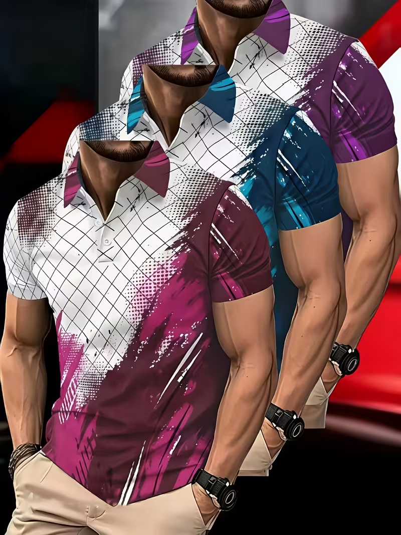 (3-Piece Value Set) Men's Short-Sleeve Polo Shirt with 3D Geometric Digital Print