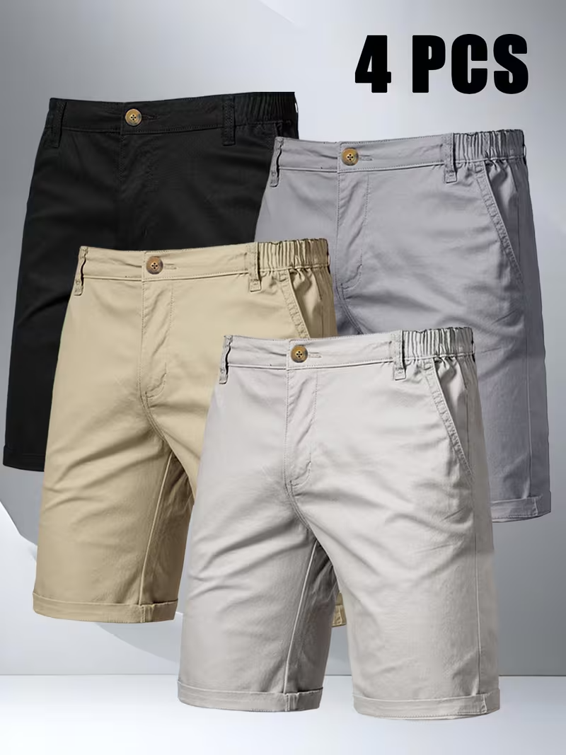 4pcs Men'S Solid Color Casual Straight Shorts