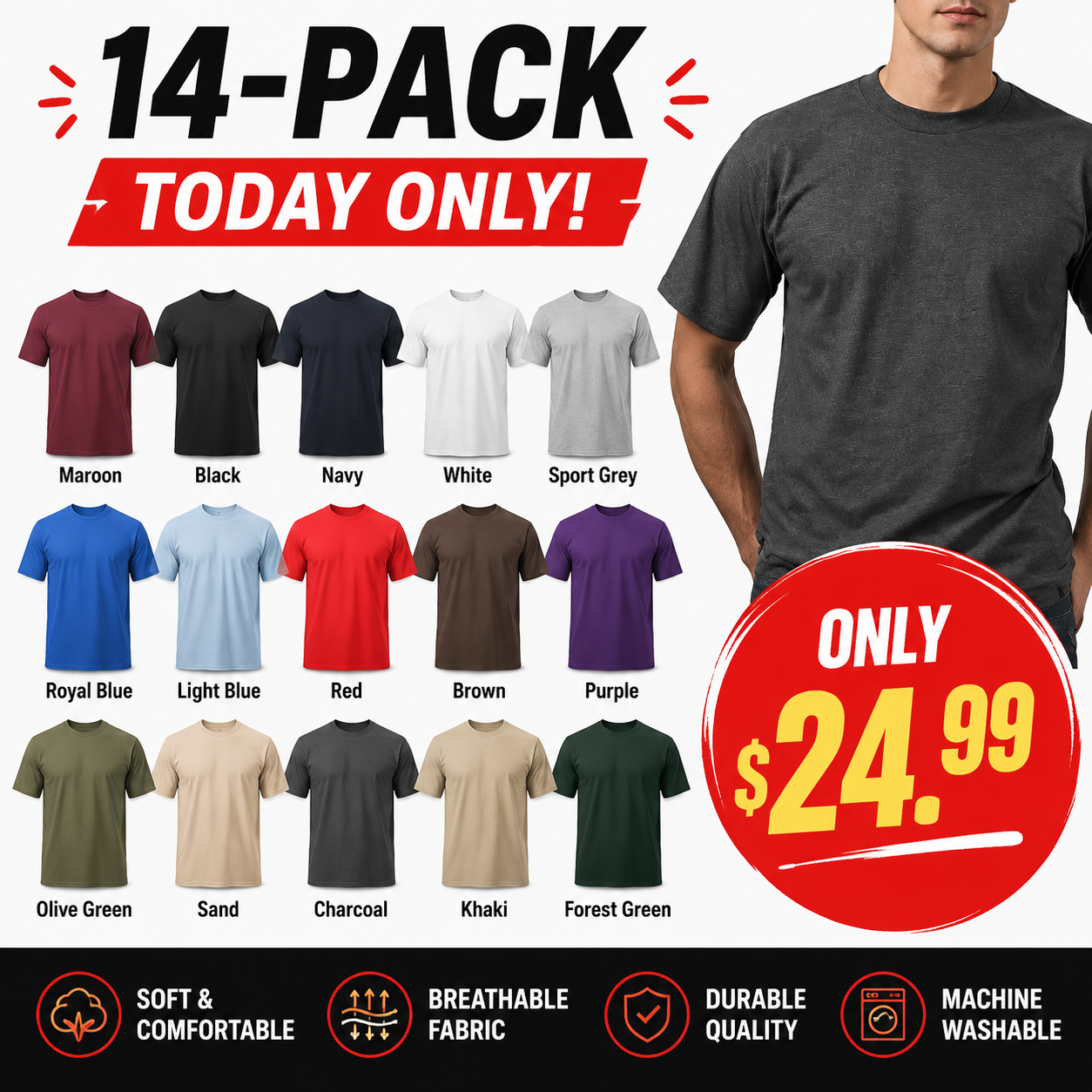 🔥 Men's Pure Cotton Short-Sleeve T-Shirts (14-Pack) — Moisture-wicking and odor-resistant; available in a variety of solid colors.