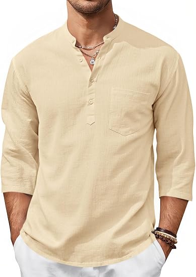 Men’s Lightweight Linen Henley Shirt –  3/4 Sleeve Casual Top with Pocket  