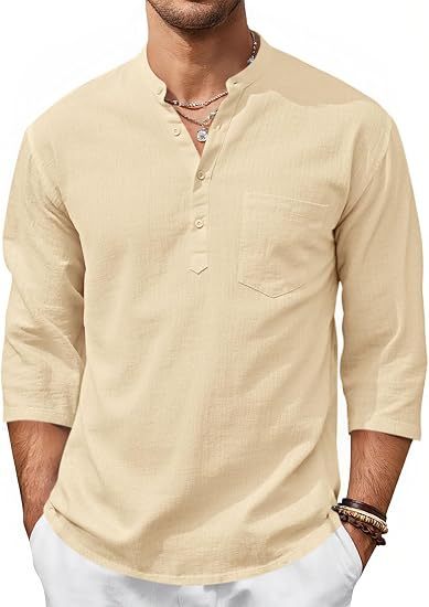 Men’s Lightweight Linen Henley Shirt –  3/4 Sleeve Casual Top with Pocket  