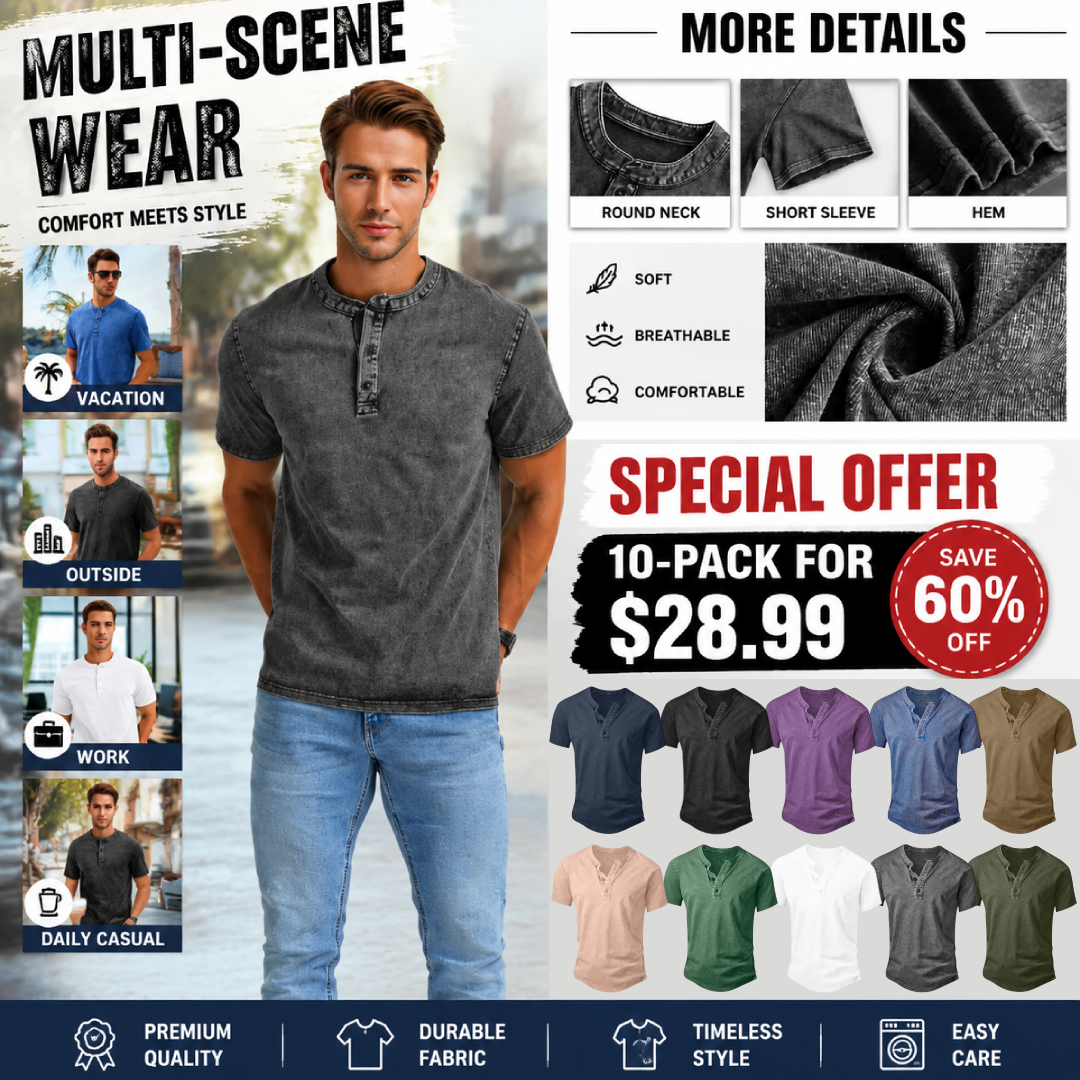 Men’s Vintage Acid-Wash Henley T-Shirt