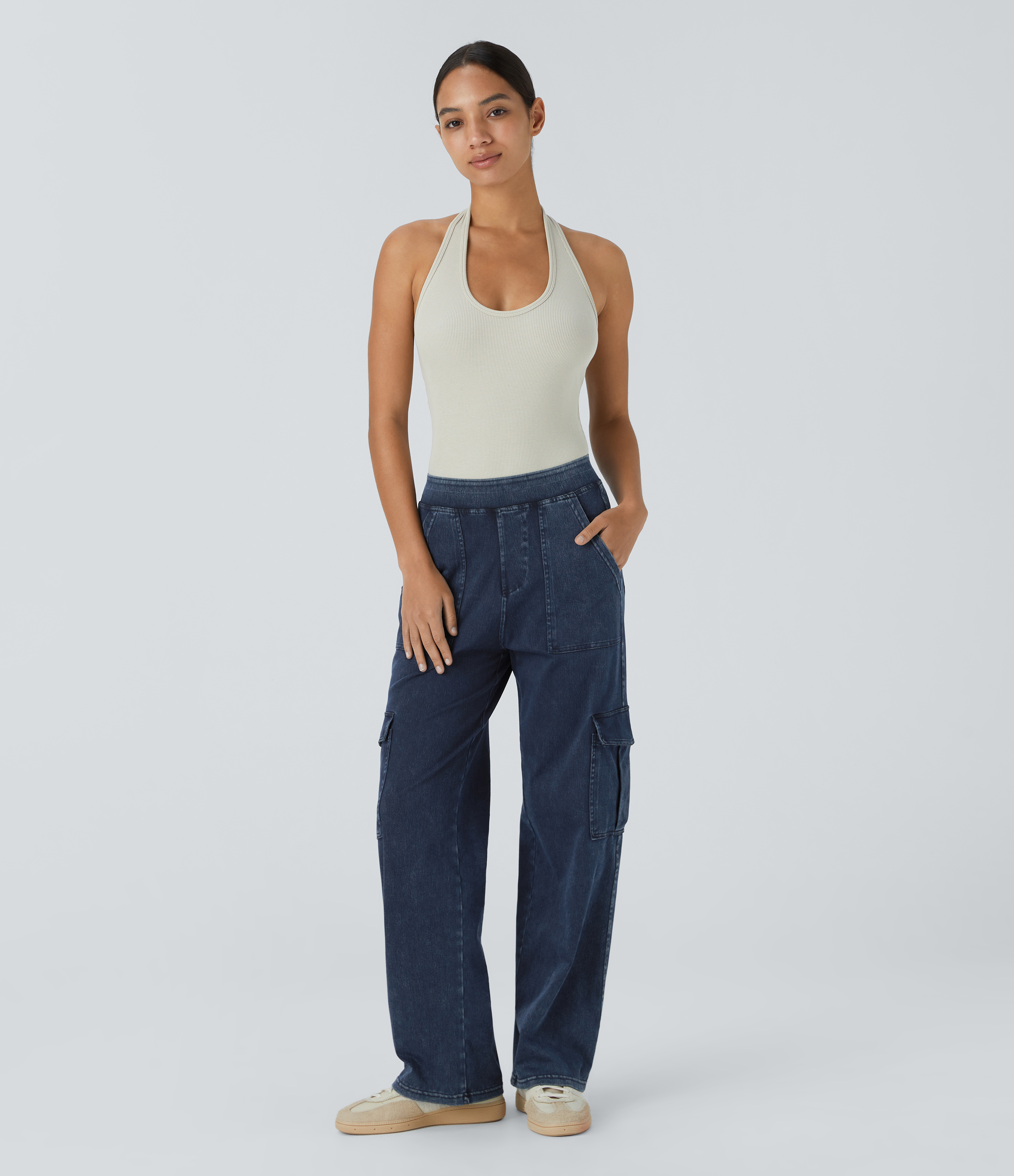 Mid Rise Pockets Straight Leg Casual Cargo Jeans