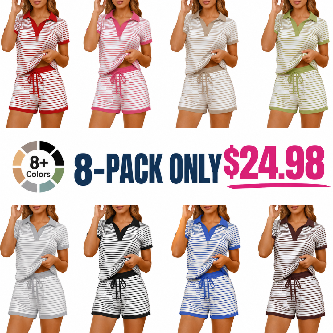 Women's Striped Two-Piece Set: Polo-Collar V-Neck Short-Sleeve Top and Drawstring-Waist Mini Skirt — A Versatile, Casual Set