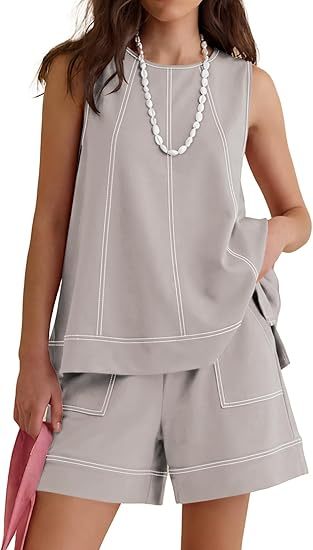 Womens Two Piece Short Sets Summer Round Neck Sleeveless Tank Tops Drawstring Elastic Waist Shorts with Pockets