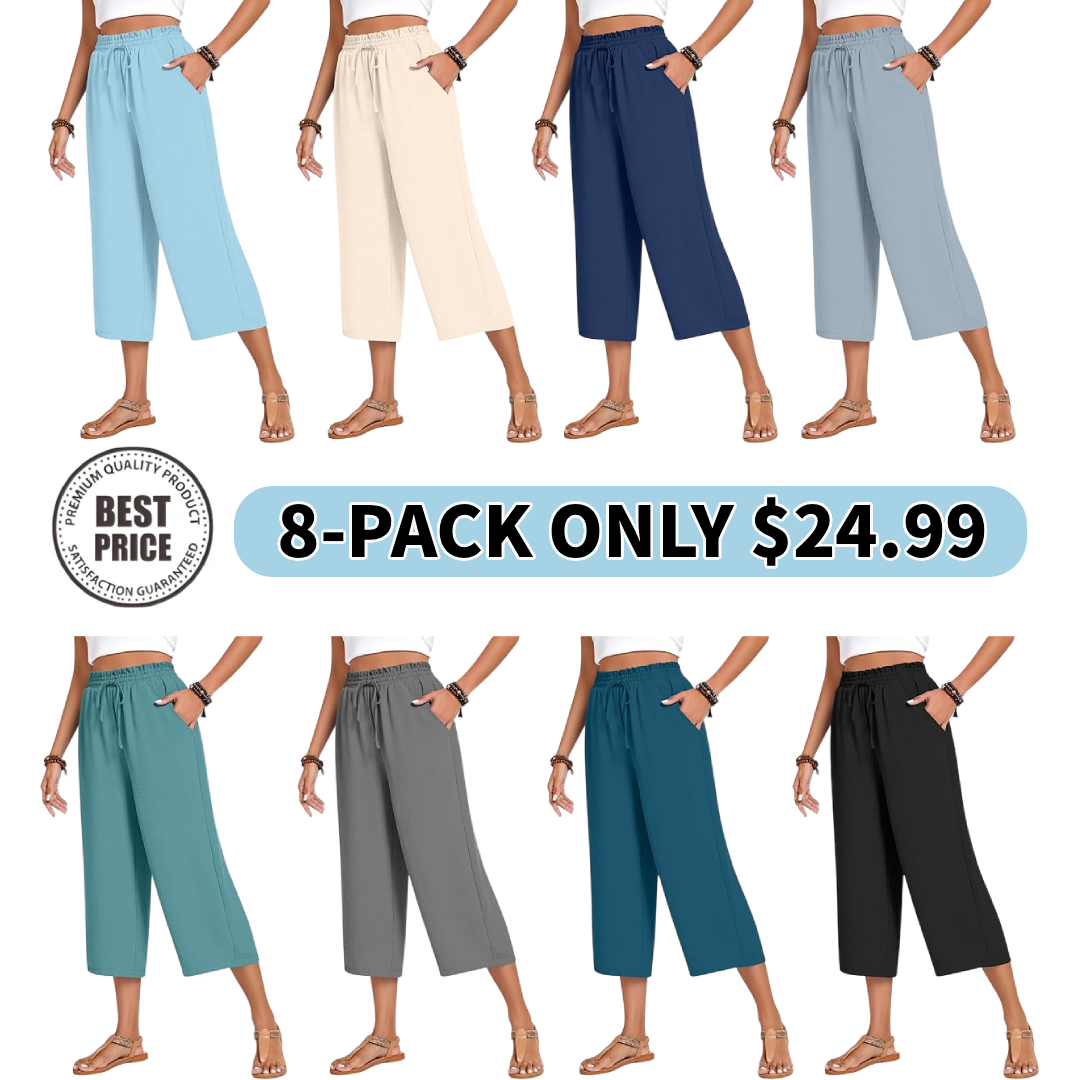 Women’s high-waisted wide-leg casual cropped pants with adjustable drawstring and pockets