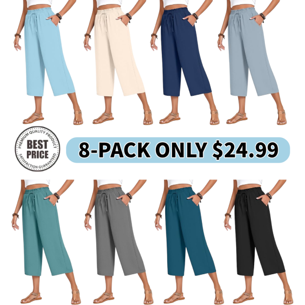 Women’s high-waisted wide-leg casual cropped pants with adjustable drawstring and pockets