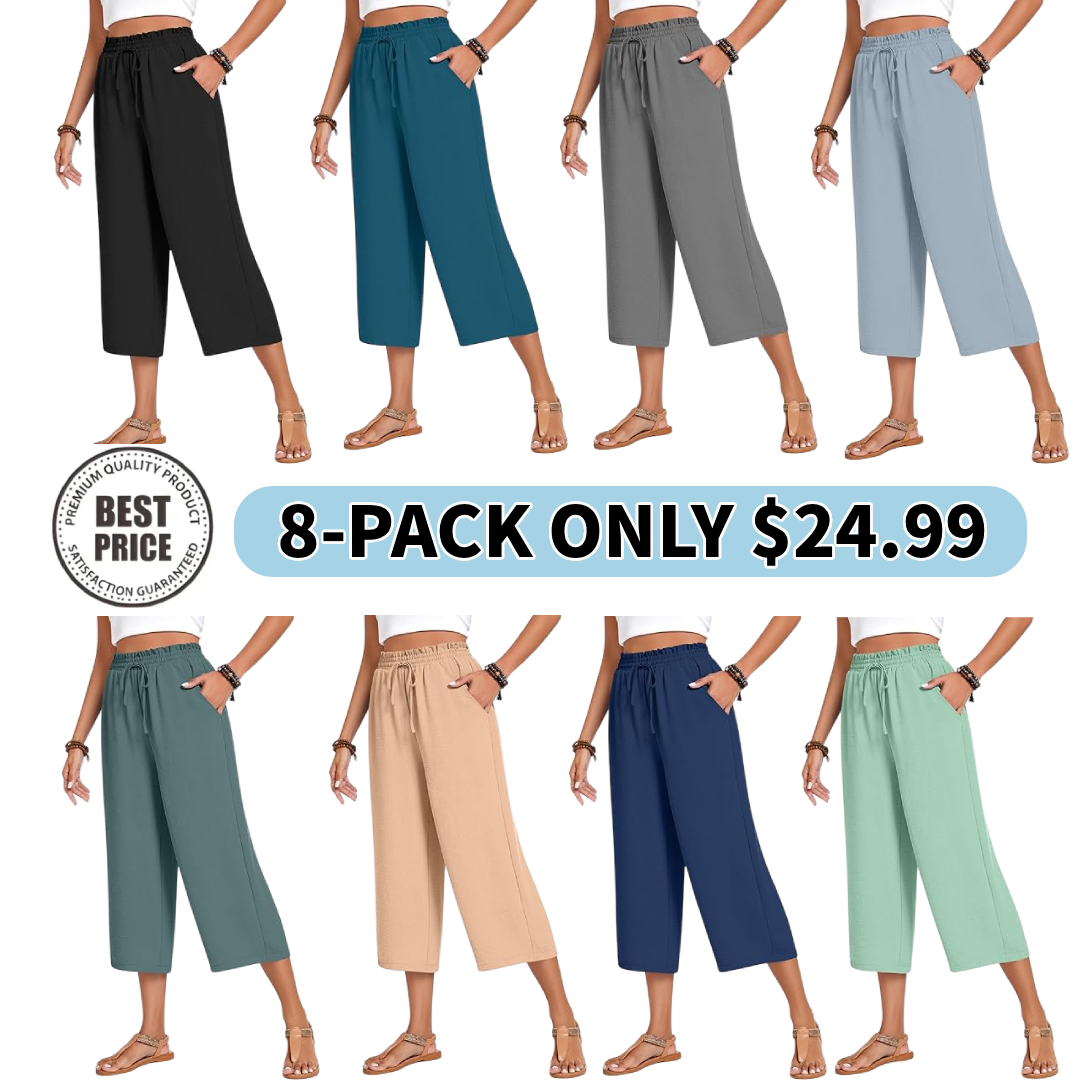 Women’s high-waisted wide-leg casual cropped pants with adjustable drawstring and pockets