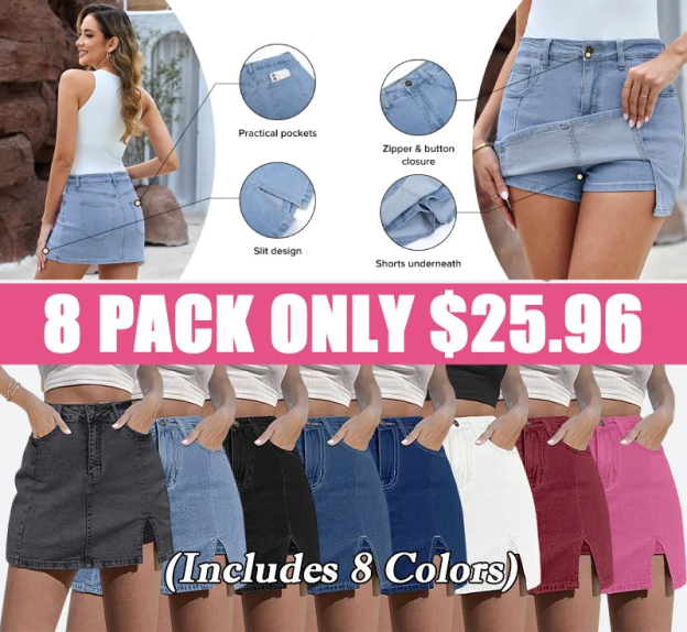 🔥Skorts Skirts for Women Denim Mini Skirt Side Slit with High Waisted Jean Shorts Stretchy