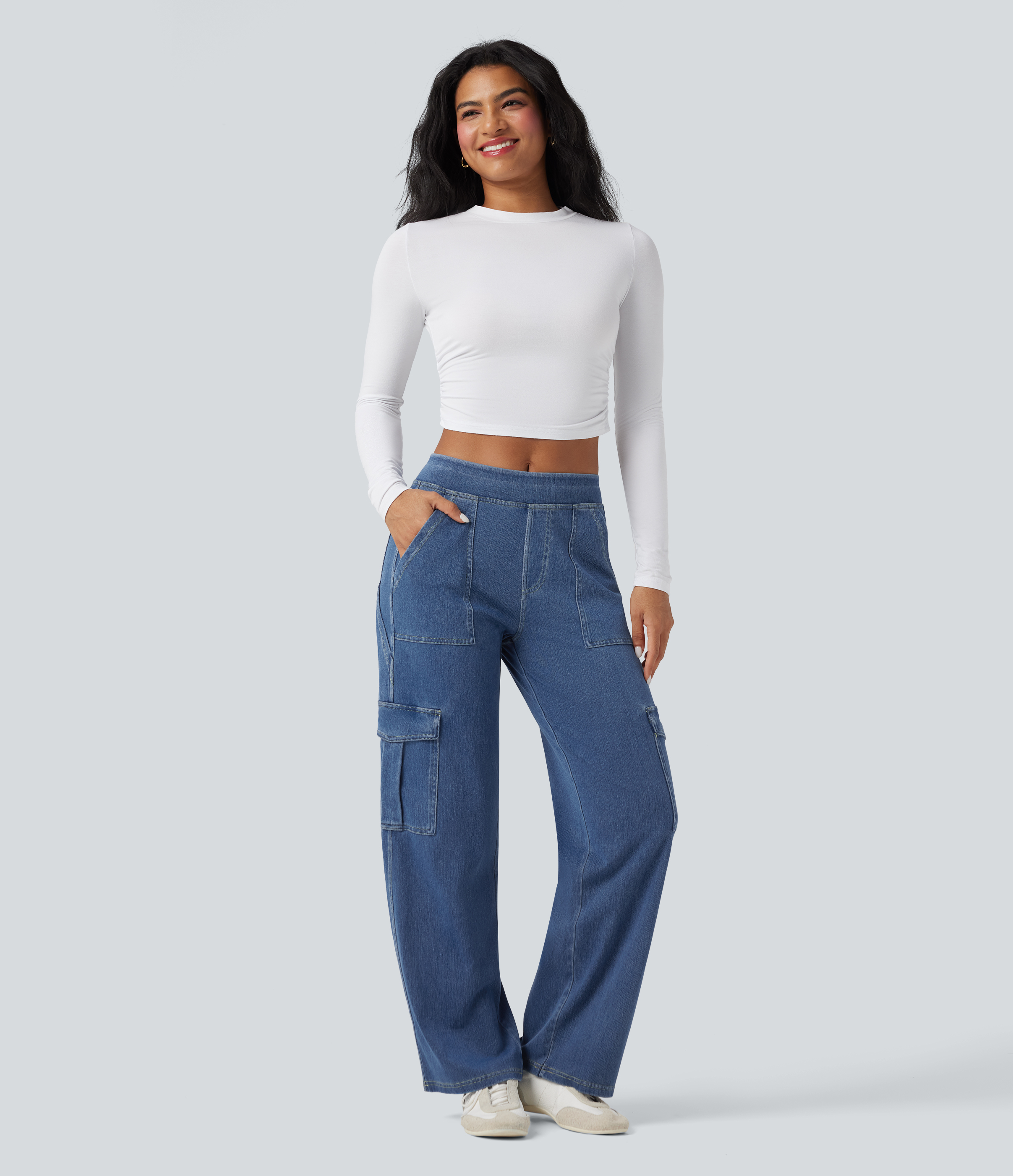 Mid Rise Pockets Straight Leg Casual Cargo Jeans