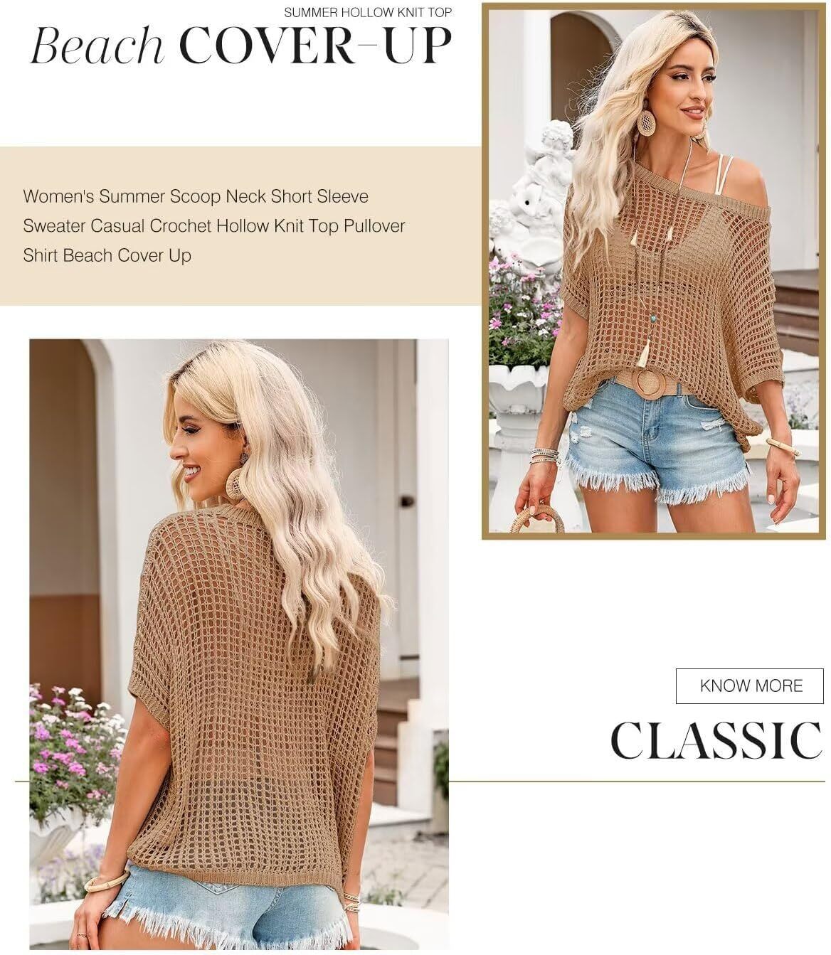 Womens Summer Scoop Neck Short Sleeve Sweater Casual Crochet Hollow Out Knit Tops Pullover Shirts Beach Coverup