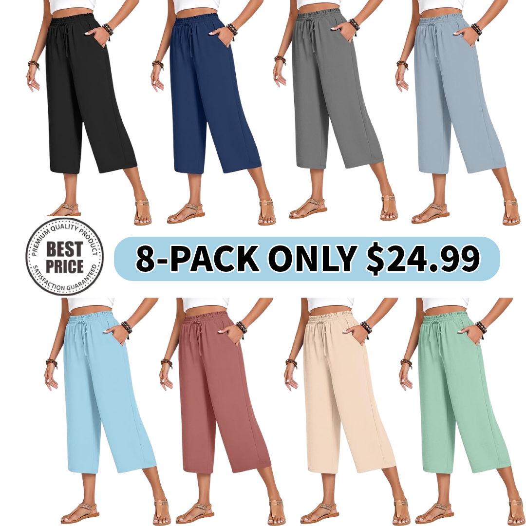 Women’s high-waisted wide-leg casual cropped pants with adjustable drawstring and pockets