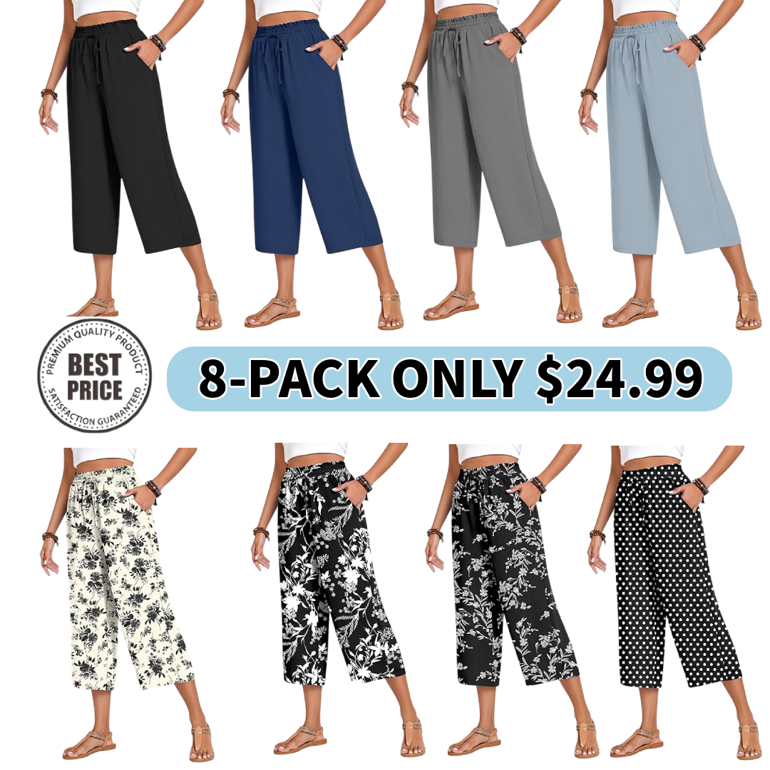 Women’s high-waisted wide-leg casual cropped pants with adjustable drawstring and pockets