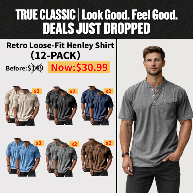  Men's Casual Solid Color Vintage Loose Pocket Short Sleeve Button-down Henley Shirt