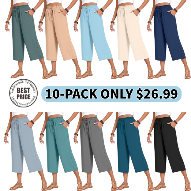Women’s high-waisted wide-leg casual cropped pants with adjustable drawstring and pockets