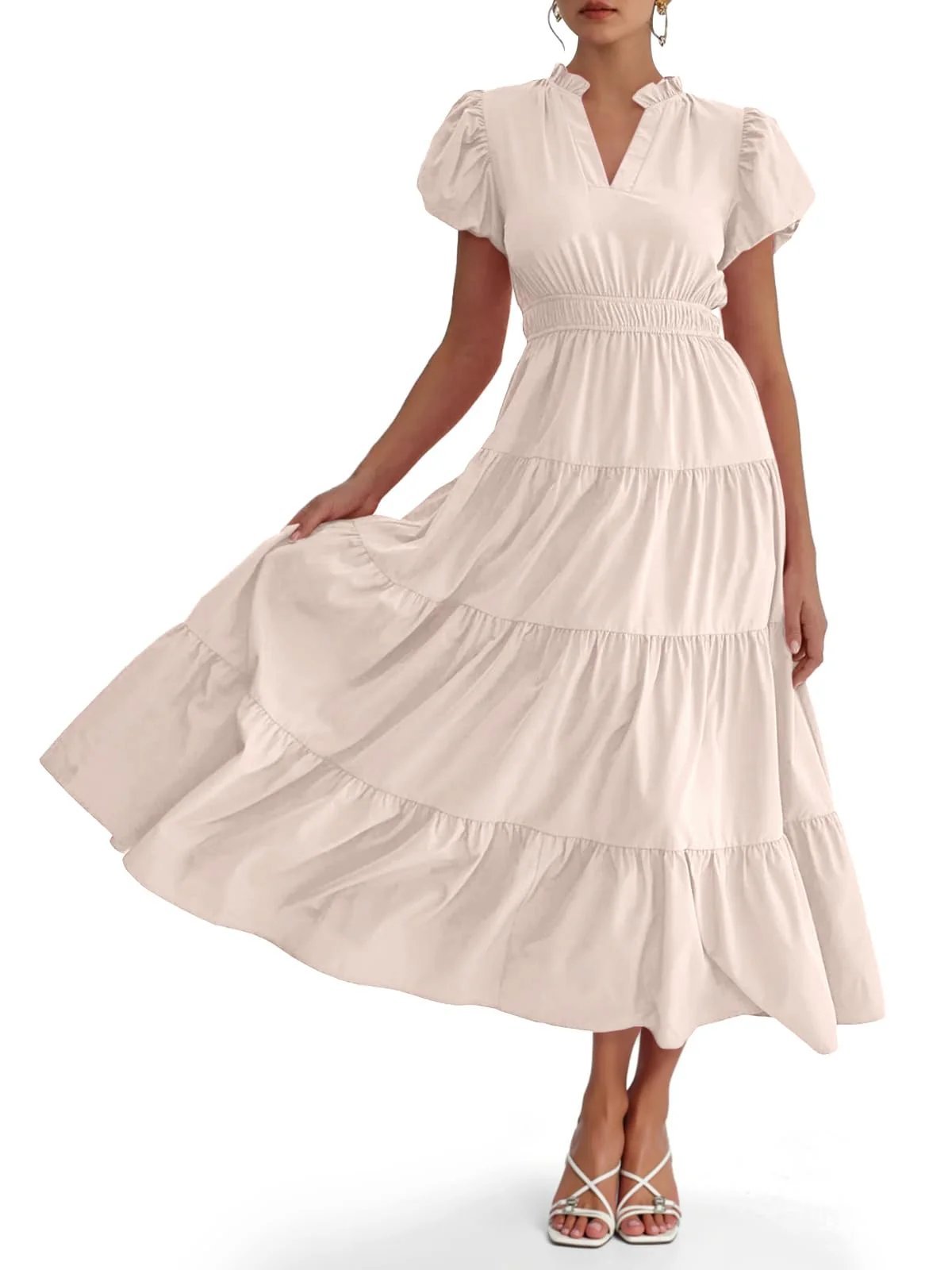 ⏰Hot Sale 90% OFF🎉Puff Short Sleeve V Neck Flowy Tiered Beach A-Line Dresses