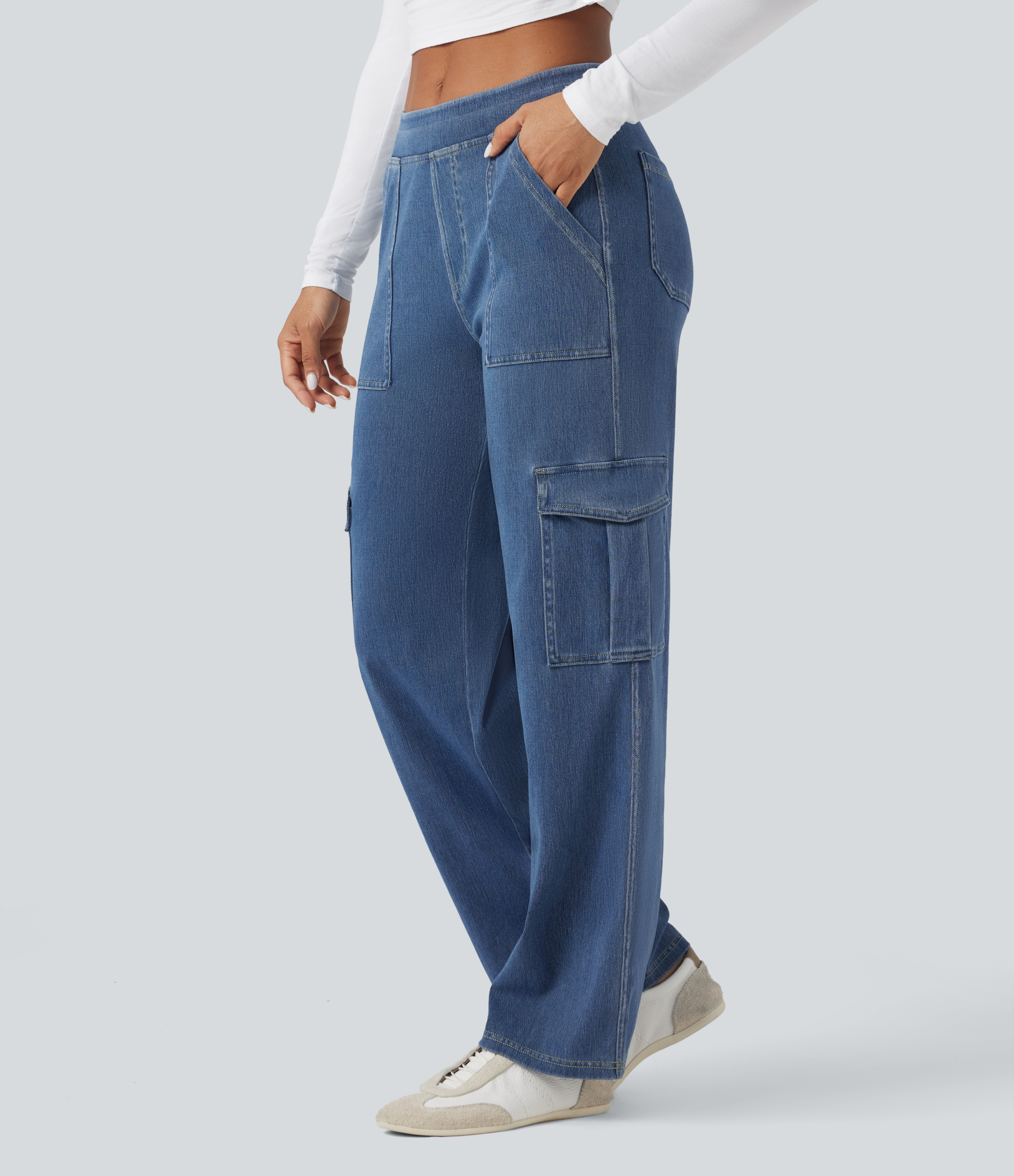 Mid Rise Pockets Straight Leg Casual Cargo Jeans
