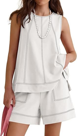 Womens Two Piece Short Sets Summer Round Neck Sleeveless Tank Tops Drawstring Elastic Waist Shorts with Pockets