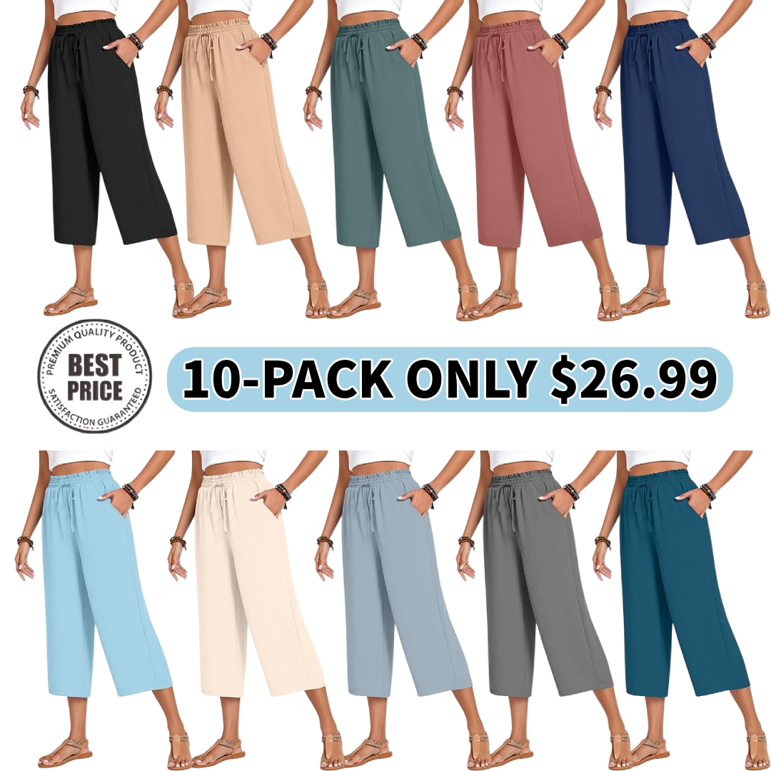 Women’s high-waisted wide-leg casual cropped pants with adjustable drawstring and pockets