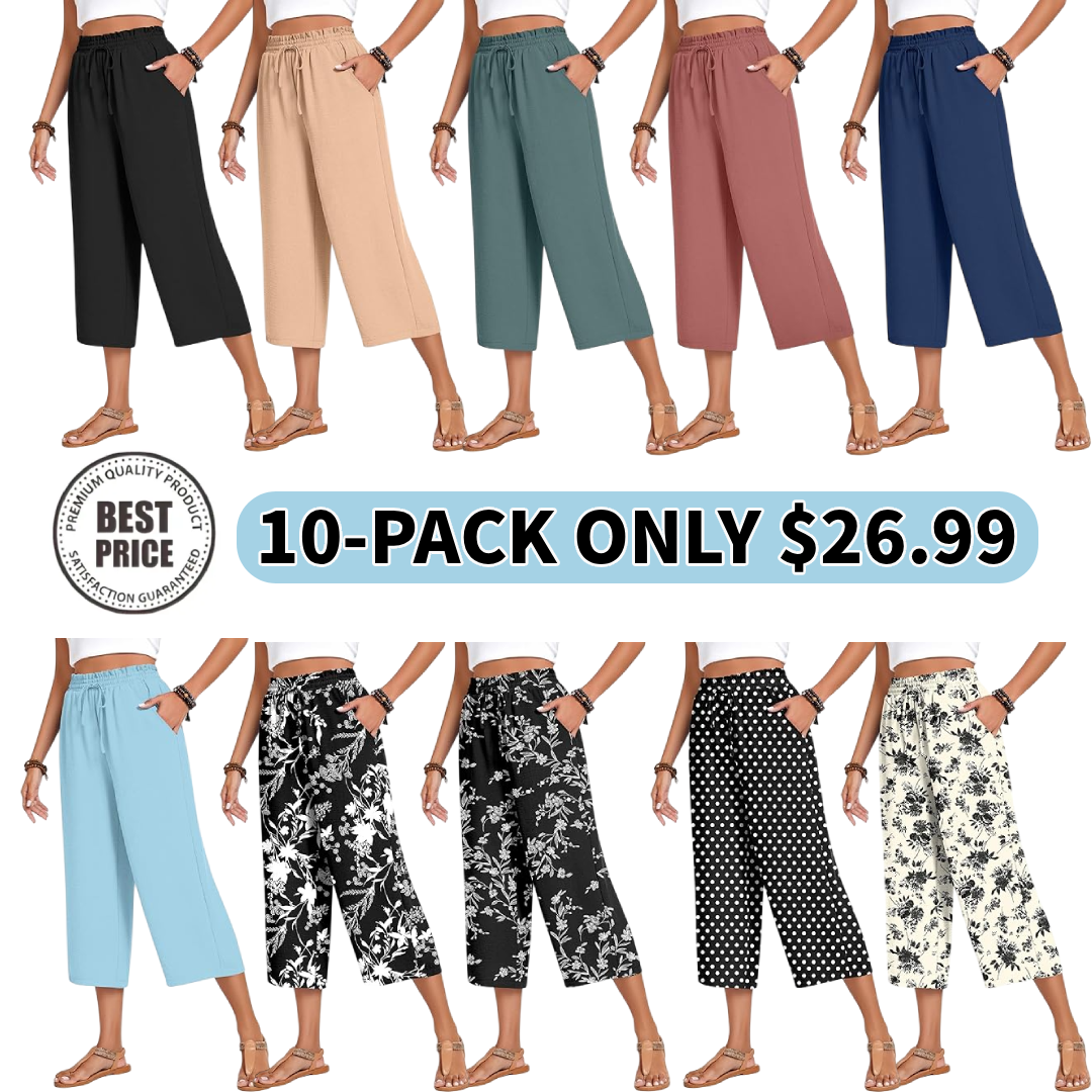 Women’s high-waisted wide-leg casual cropped pants with adjustable drawstring and pockets