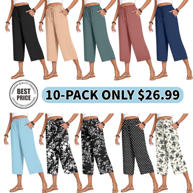 Women’s high-waisted wide-leg casual cropped pants with adjustable drawstring and pockets