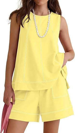 Womens Two Piece Short Sets Summer Round Neck Sleeveless Tank Tops Drawstring Elastic Waist Shorts with Pockets