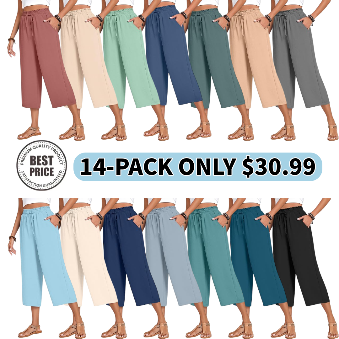 Women’s high-waisted wide-leg casual cropped pants with adjustable drawstring and pockets