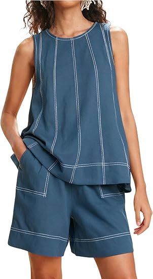 Womens Two Piece Short Sets Summer Round Neck Sleeveless Tank Tops Drawstring Elastic Waist Shorts with Pockets